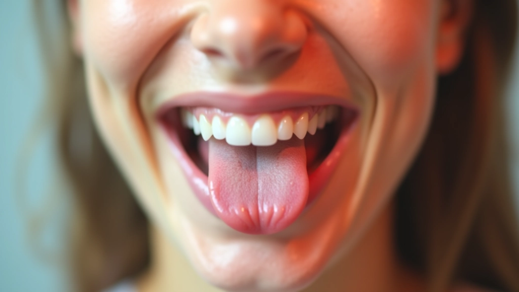 Close-up de boca e dentes mostrando a posição correta da língua para o som th em inglês