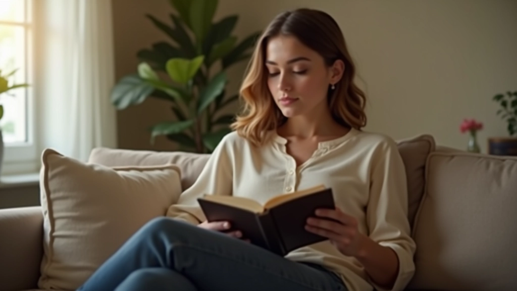 Pessoa sentada num sofá confortável, lendo um livro com expressão de confiança