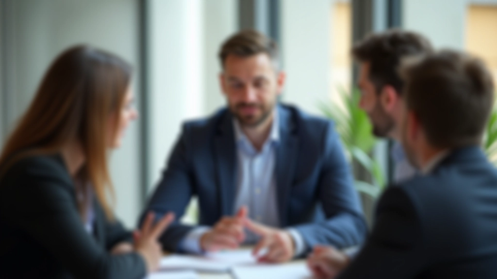 Homem em reunião de trabalho com colegas, conversando e apontando para documentos