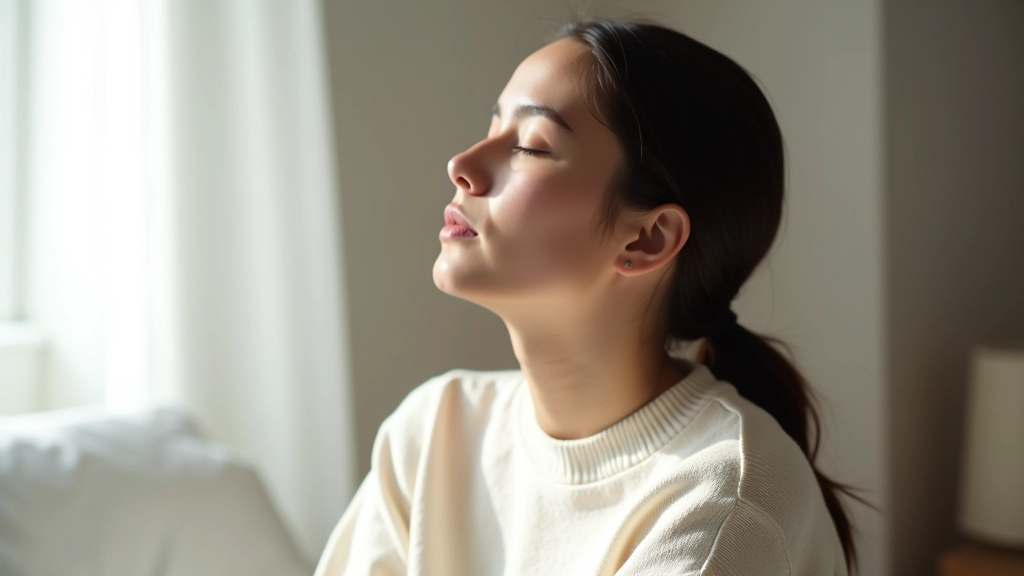 Pessoa a fazer exercício de respiração profunda, mãos no peito, olhos fechados em concentração, luz suave da janela