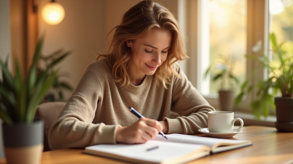 Pessoa a escrever num diário com reflexão positiva, mesa organizada com café e planta, luz quente da tarde