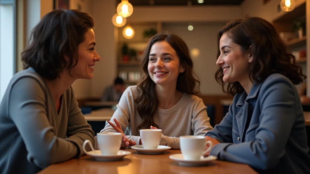 Grupo de três pessoas conversando num café, xícaras de café, ambiente acolhedor com luz quente, todos com expressões atentas