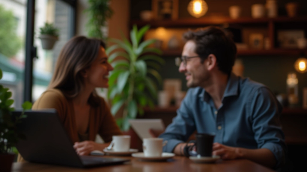 Duas pessoas conversando num café com bebidas e notebooks à frente